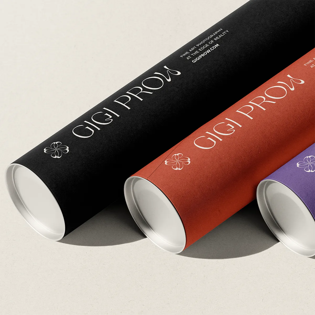 Luxury print packaging and postal tube branding for Gigi Prow artwork